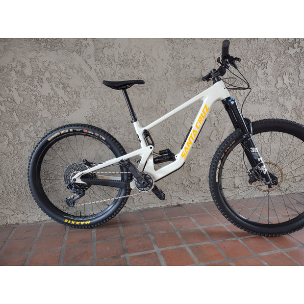 2024 Santa Cruz Bronson 4.1 C MX S-Kit — Mixed Wheels, gloss chalk white, full view of actual bike.