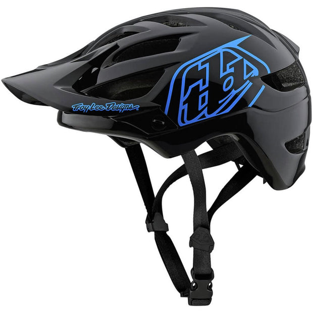 Troy Lee Designs A1 Drone Youth Mountain Bike Helmet, black/ blue, side view.