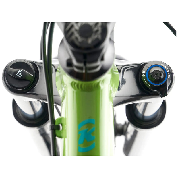 2023 Kona Honzo, gloss kiwi green, fork adjustment knobs view.