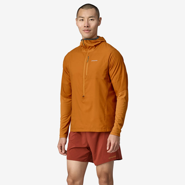 Patagonia Men's Airshed Pro Pullover, golden caramel, front view on model.