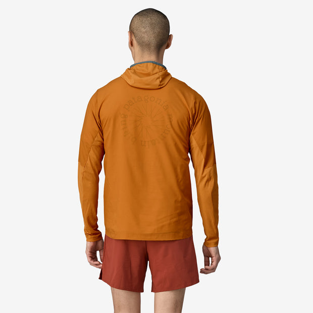 Patagonia Men's Airshed Pro Pullover, golden caramel, back view on model.