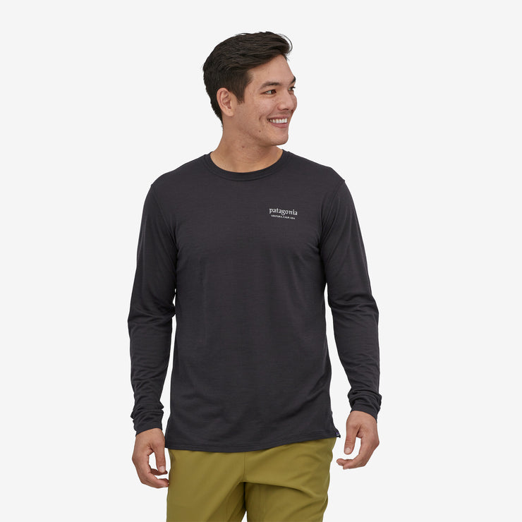 Patagonia Men's Long-Sleeved Capilene® Cool Merino Blend Shirt, black, front view on model.