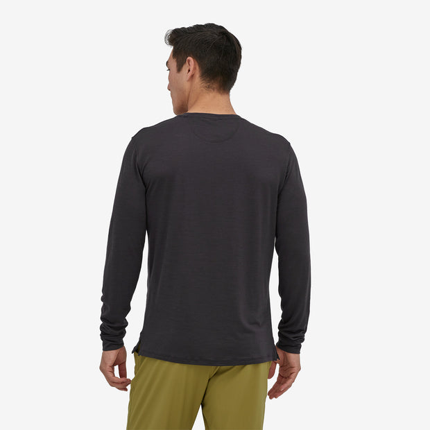 Patagonia Men's Long-Sleeved Capilene® Cool Merino Blend Shirt, black, back view on model.