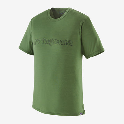 Patagonia Men's Cap Cool Merino Blend Graphic Shirt, outline terrain green, front view.