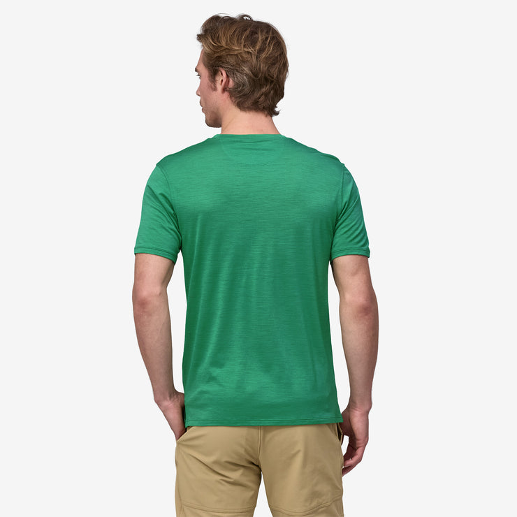 Patagonia Men's Cap Cool Merino Blend Graphic Shirt, skyline green, back view on model.