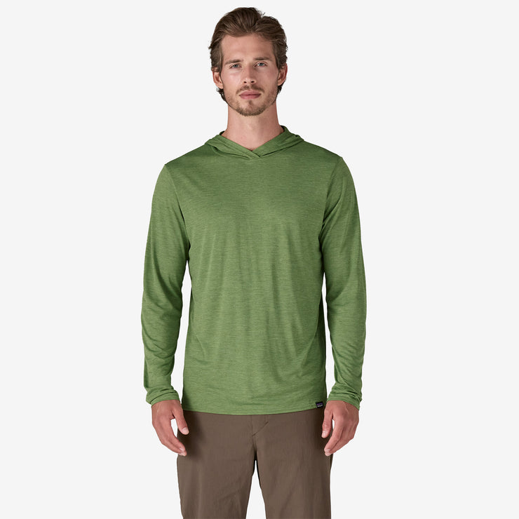 Patagonia Men's Capilene Cool Daily Hoody, Light Terrain Green, front view on model.