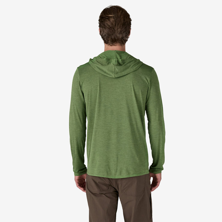 Patagonia Men's Capilene Cool Daily Hoody, Light Terrain Green, back view on model.