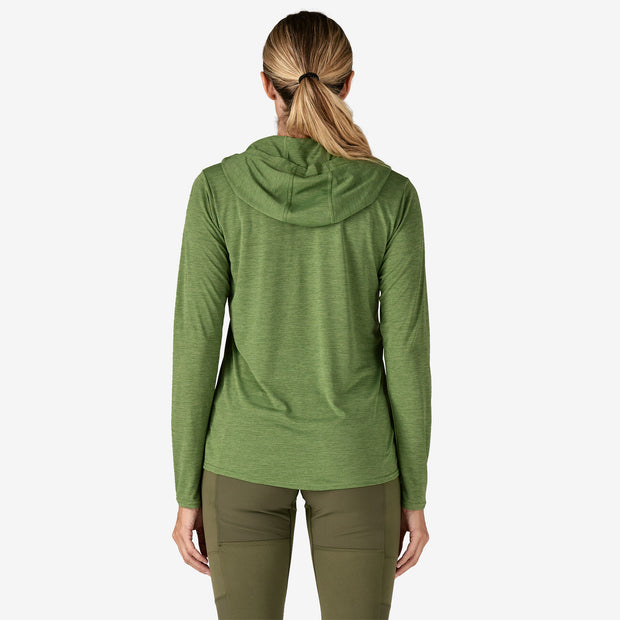 Patagonia Women's Cap Cool Daily Hoody Terrain Green - Light Terrain Green X-Dye, back view on model.