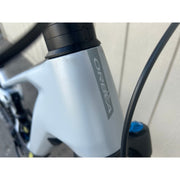 2023 Orbea Wild M10, Halo Silver/Tanzanite Carbon, view of blemish on head tube. 