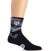 Fox 6" Ranger Sock, black camo, side view on leg. 