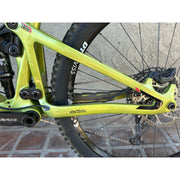 2022 Pivot Switchblade 29 RIDE SLX/XT DEMO bike, electric lime, rear brake view.