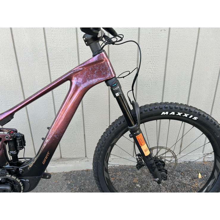2023 Giant Trance X Advanced E+ Elite 1 - DEMO, purple, fork close-up view.