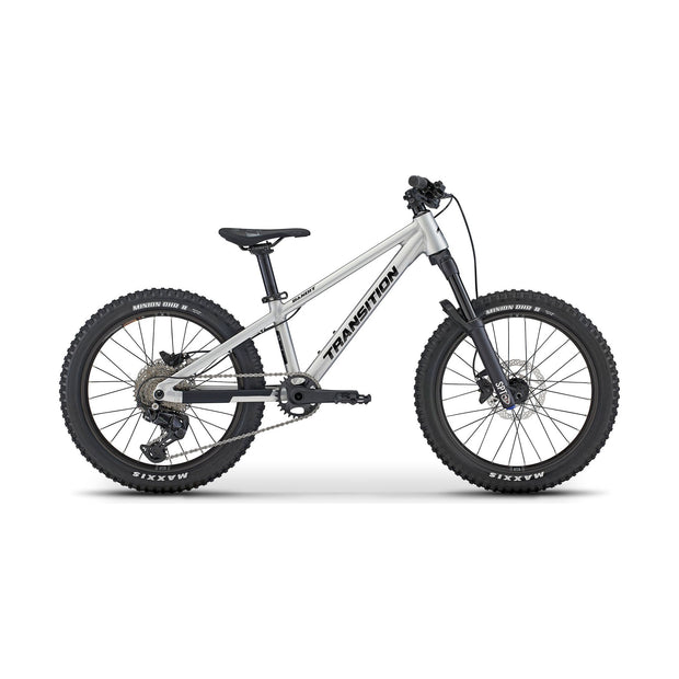 2025 Transition Bandit Kids’ Hardtail, Raw Alloy, full view.