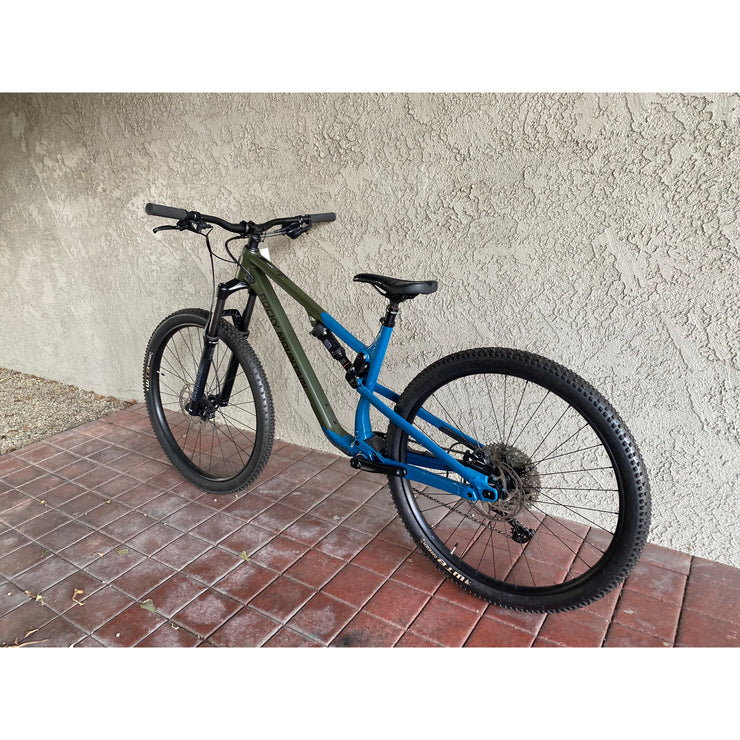 2022 Rocky Mountain Instinct A10, blue/green, *BLEM*, rear wheel view.