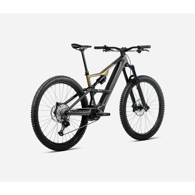 2025 Orbea Rise LT H10 w/630Wh battery Diamond Black-Splash Olive Green (Matt), rear shock view.