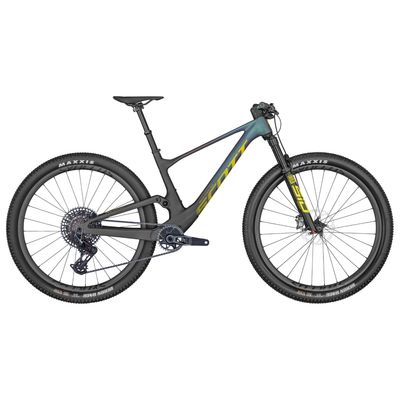 2024 Scott Spark RC World Cup TR, carbon/ green/ yellow, full view.