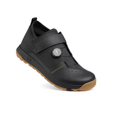 Crankbrothers Stamp Trail BOA Flat Shoes in black/ gold/ gum, full view.