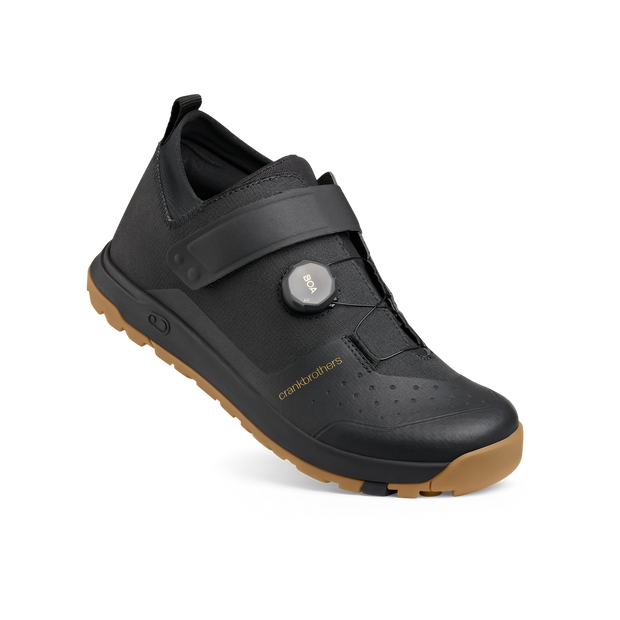 Crankbrothers Stamp Trail BOA Flat Shoes in black/ gold/ gum, full view.