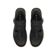 Crankbrothers Stamp Trail BOA Flat Shoes in black/ gold/ gum, top view of pair.