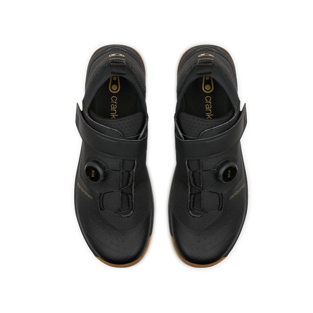 Crankbrothers Stamp Trail BOA Flat Shoes in black/ gold/ gum, top view of pair.