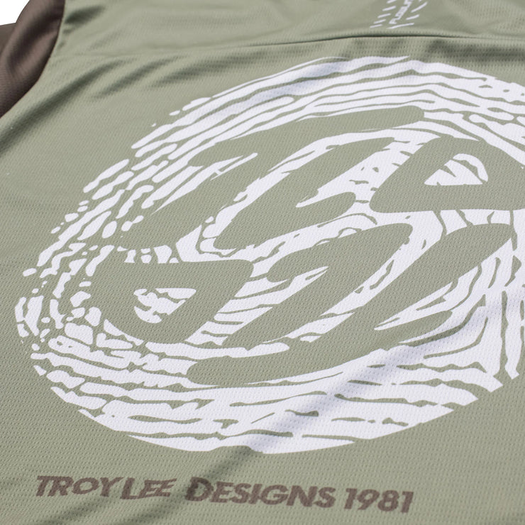 Troy Lee Designs Flowline Short Sleeve Jersey, Flipped Olive, back logo view.