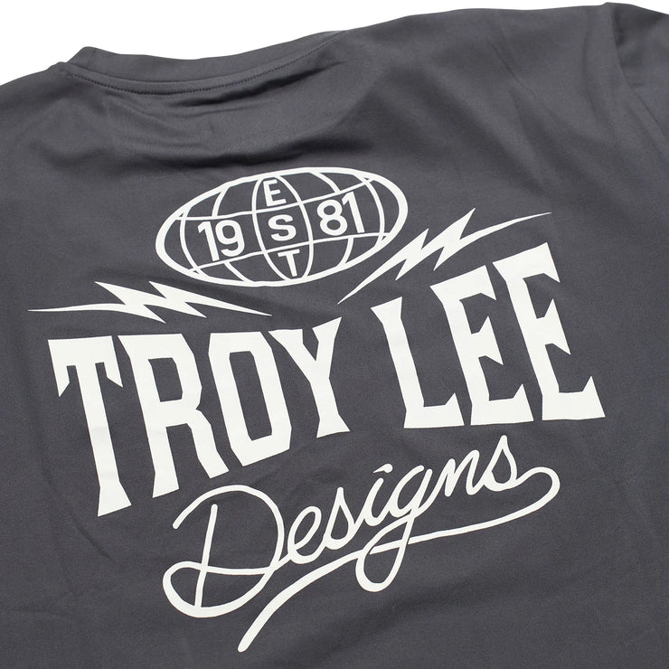 Troy Lee Designs Ruckus Long Sleeve Ride Tee, bolts carbon, back logo view.