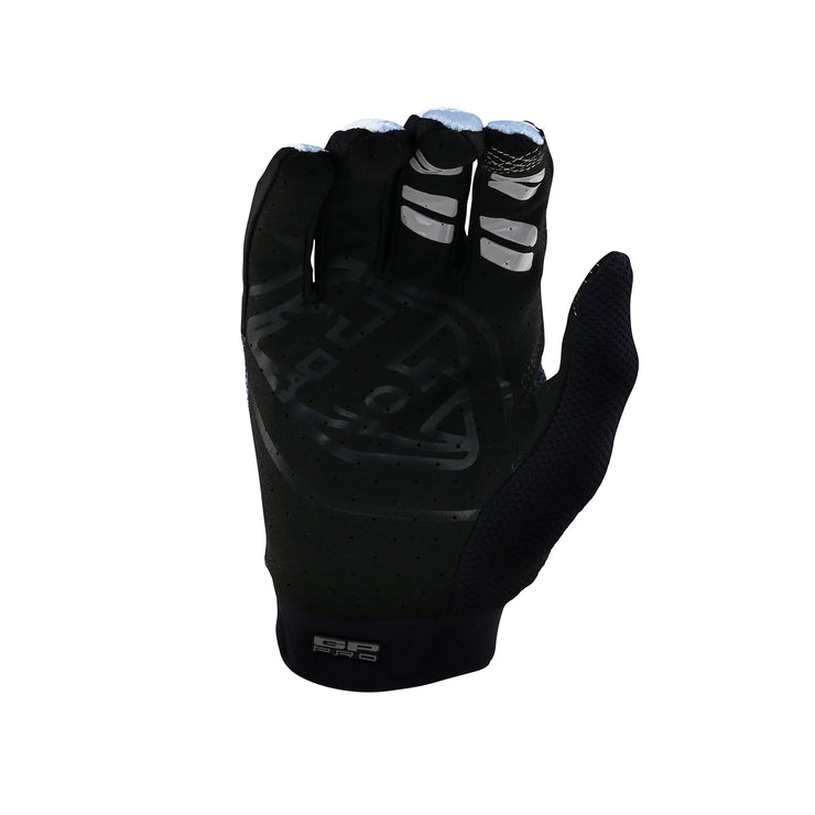 Troy Lee Designa GP Pro Gloves, boxed in black, palm view.