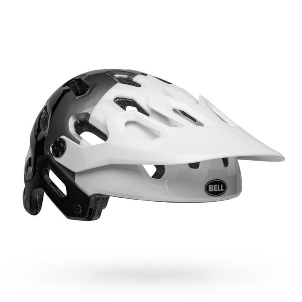 Bell Super 3R MIPS Helmet, gloss white/ black, angled view of right side without chin bar.