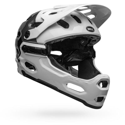 Bell Super 3R MIPS Helmet, gloss white/ black, angled view of right side with chin bar.