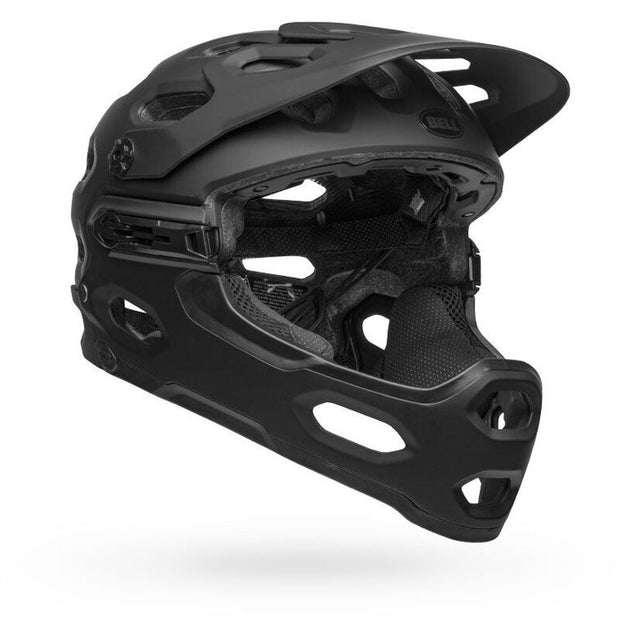 Bell Super 3R MIPS Helmet, matte black/ grey, angled view of left side with chin bar.