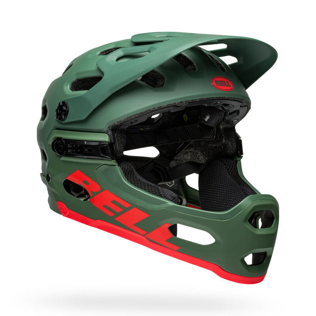 Bell Super 3R MIPS Helmet, matte dark green/ infared, angled left side view with chin bar.