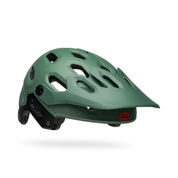 Bell Super 3R MIPS Helmet, matte dark green/ infared, angled left side view without chin bar.