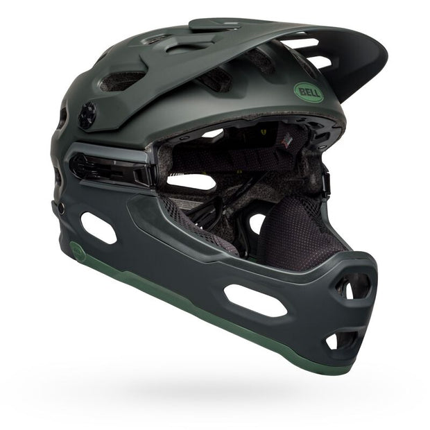 Bell Super 3R MIPS Helmet, matte green, angled left side view with chin bar.