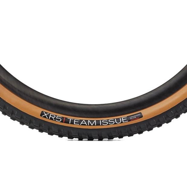 Bontrager XR5 Team Issue 29x2.50 TLR Tanwall Tire, side view.