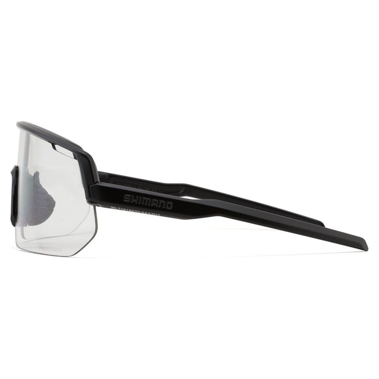 Shimano Technium L Sunglasses — Matte Black Frame / Photochromatic Gray Lens, side view.