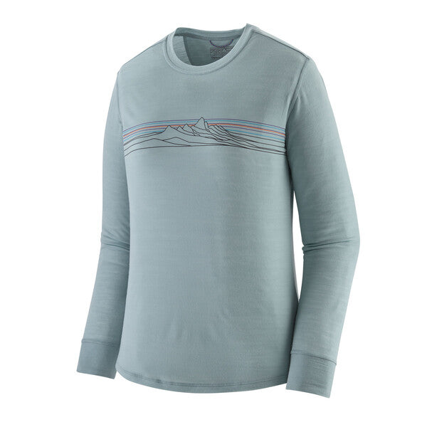 Patagonia Women's Long Sleeve Capilene Cool Merino Blend Graphic Shirt, in Strata Stripe: Thermal Blue, front view.